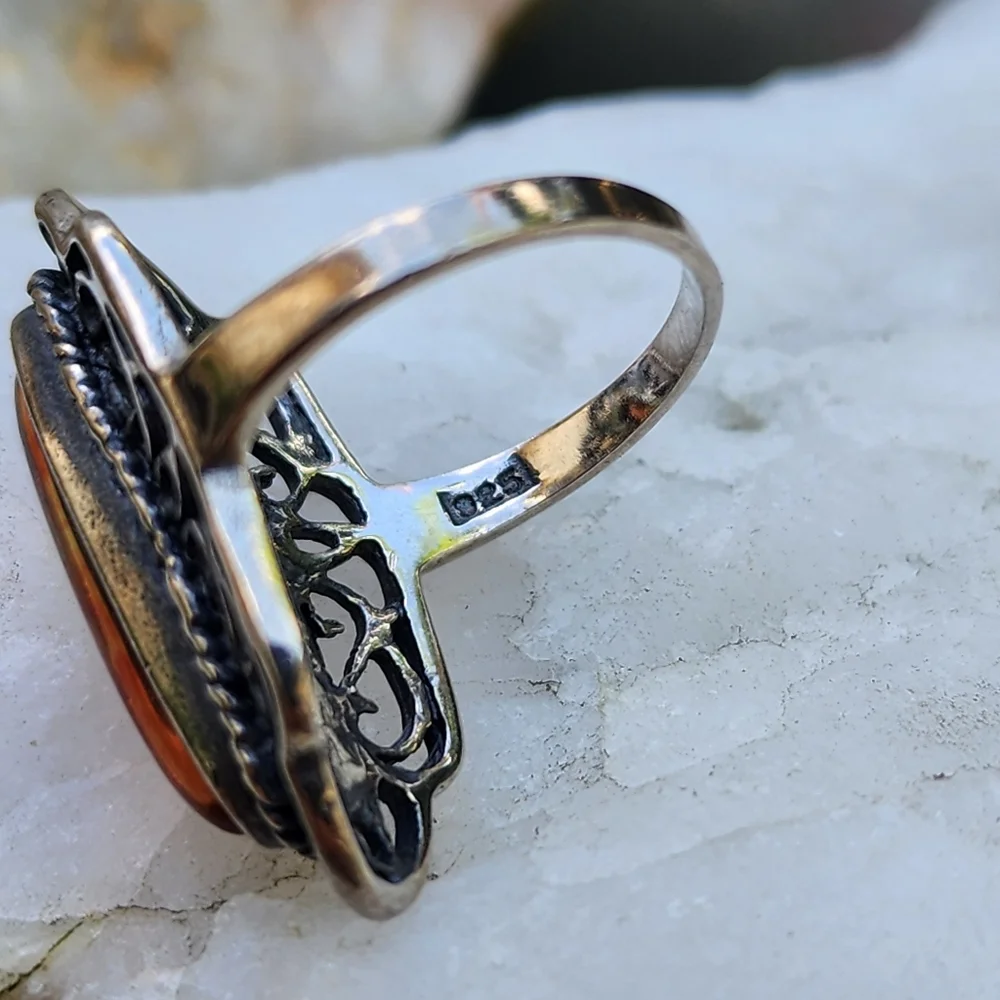 Estate Sterling Silver 925 Natural Baltic Amber Ring Honey Cognac Amber Jewelry